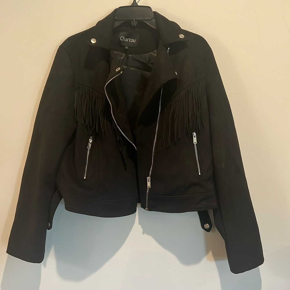 Front zip black velvet fringe jacket